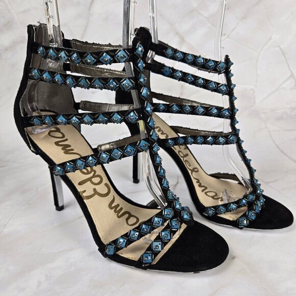 Sam Edelman Sz 8M Alina Black Turquoise Strappy Leather High Heels Zip Back NWOT - Picture 1 of 16